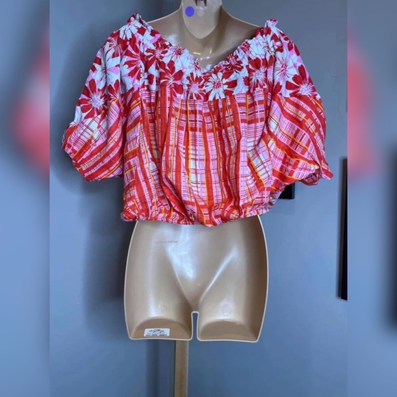 Free People Felicity Linen Blend Off Shoulder Cropped Top Pink Orange Size S - Picture 3 of 4